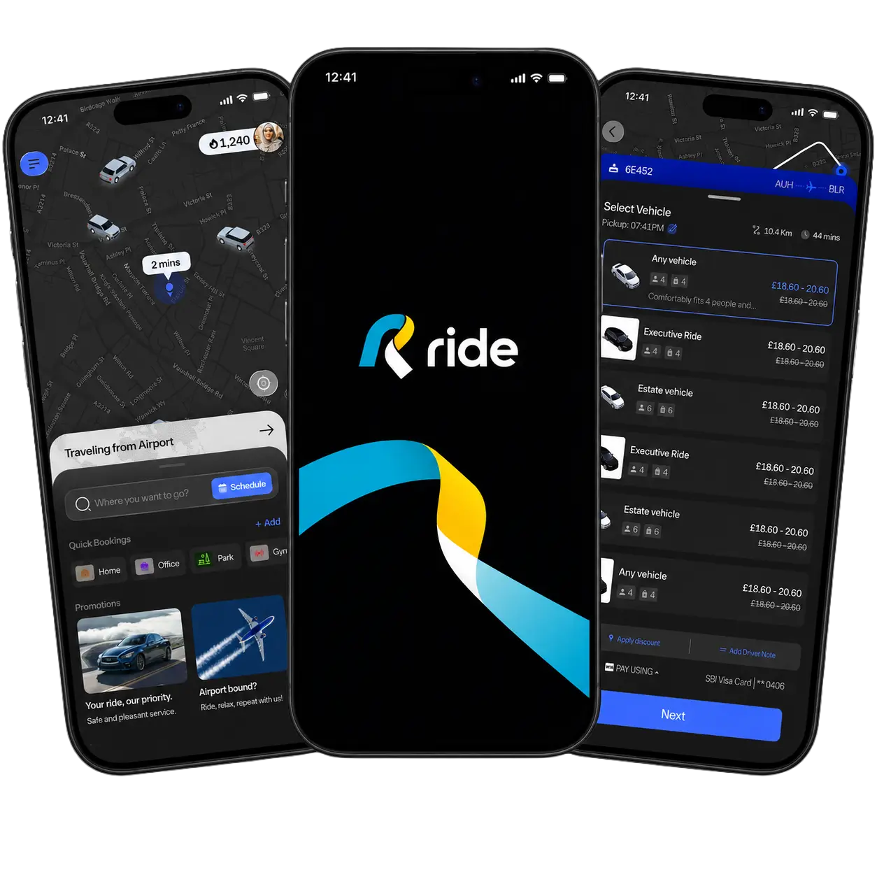 Ride app booking screens
